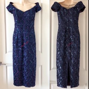 Vntg Lace Sequin Off Shoulder Midi Cocktail Dress